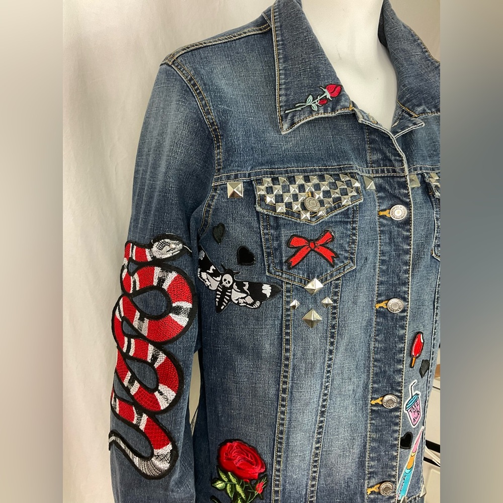 Embellished Patchwork Beaded Denim Jean Jacket Up… - image 4